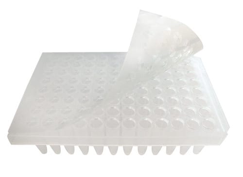 RAPID Slit Seal applied to a 96-well plate with the sealing sheet partially lifted