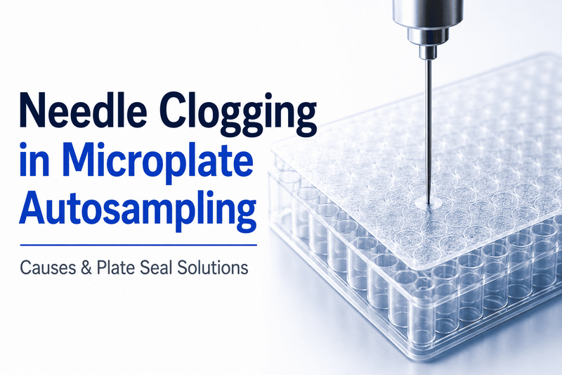Autosampler needle piercing a plate seal on a microplate